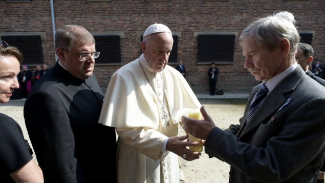 Pope Francis meets with camp survivors in the former Nazi German death camp of Auschwitz- Birkenau in Oswiecim Poland Friday