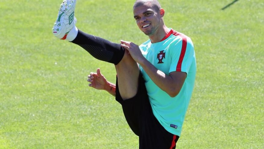 Portugal's Pepe stretches during a training session in Marcoussis near Paris France Saturday