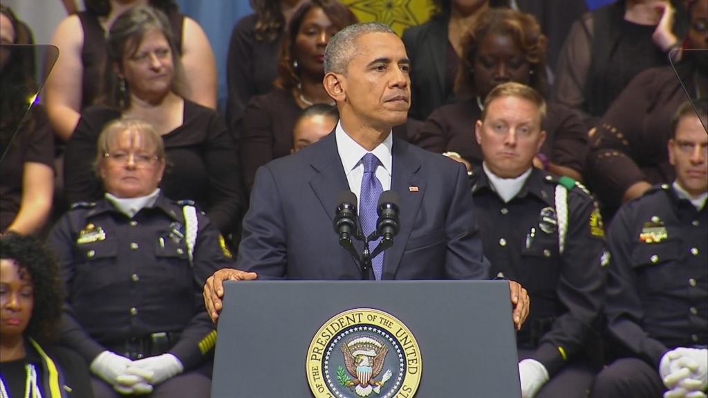 President Obama speaks during an interfaith memorial service for the five officers killed during an ambush in Dallas on July 7