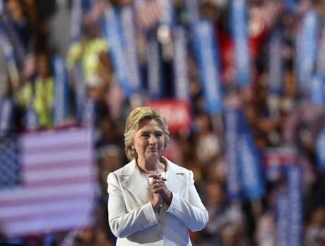 Presidential nominee Hillary Clinton gestures after the fourth and final day of the Democratic National Convention