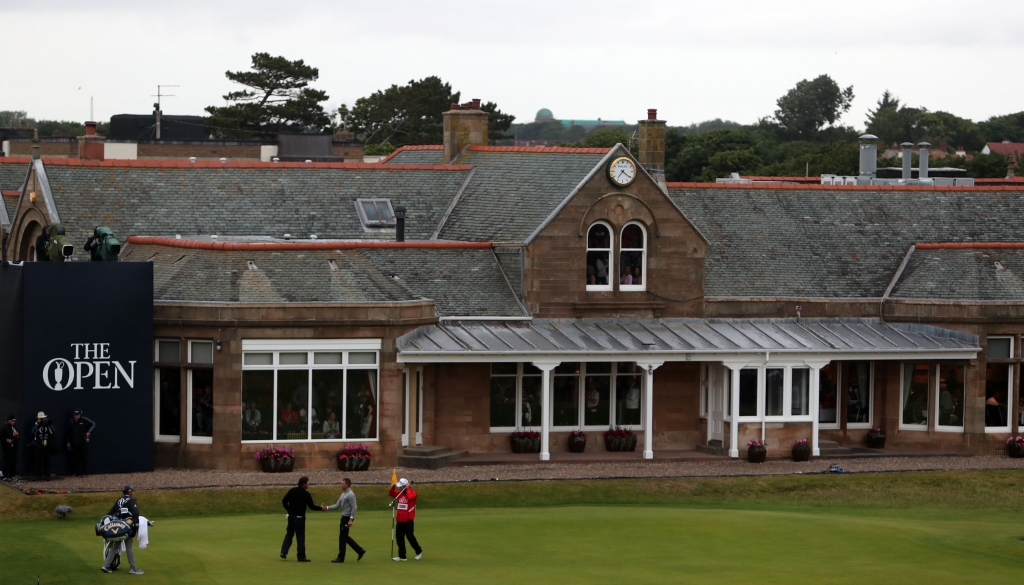 Stenson and Mickelson shake hands after their third round duel at Royal Troon