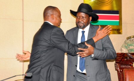 South Sudan's President Salva Kiir embraces Taban Deng Gai after his swearing-in ceremony as First Vice President at the Presidential Palace in the capital of Juba South Sudan