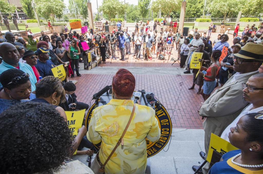 Louisiana state Rep. Patricia Haynes Smith speaks during a rally at City Hall on Friday in Baton Rouge La. The local NAACP is calling for a boycott of Walmart and two local shopping malls