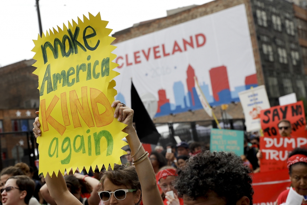 Protestors march during a rally against Republican presidential candidate Donald Trump on Monday