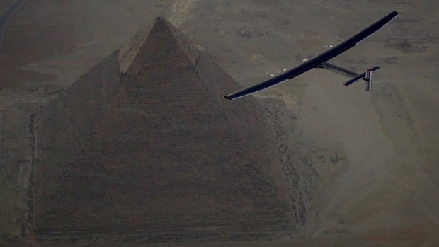 Solar Impulse 2 the solar powered plane piloted by Swiss pioneer Andre Borschberg is seen during the flyover of the