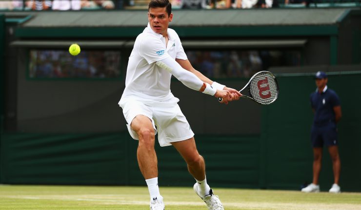 LONDON ENGLAND- JULY 02 Milos Raonic of Canada during his Gentlemen's Singles quarter-final match against Nick Kyrgios of Australia on day nine of the Wimbledon Lawn Tennis Championships at the All England Lawn Tennis and Croquet Club at Wimble