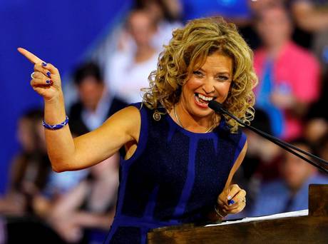 Democratic National Committee chairwoman Debbie Wasserman Schultz speaks at a rally for Democratic presidential candidate Hillary Clinton and her running mate Senator Tim Kaine