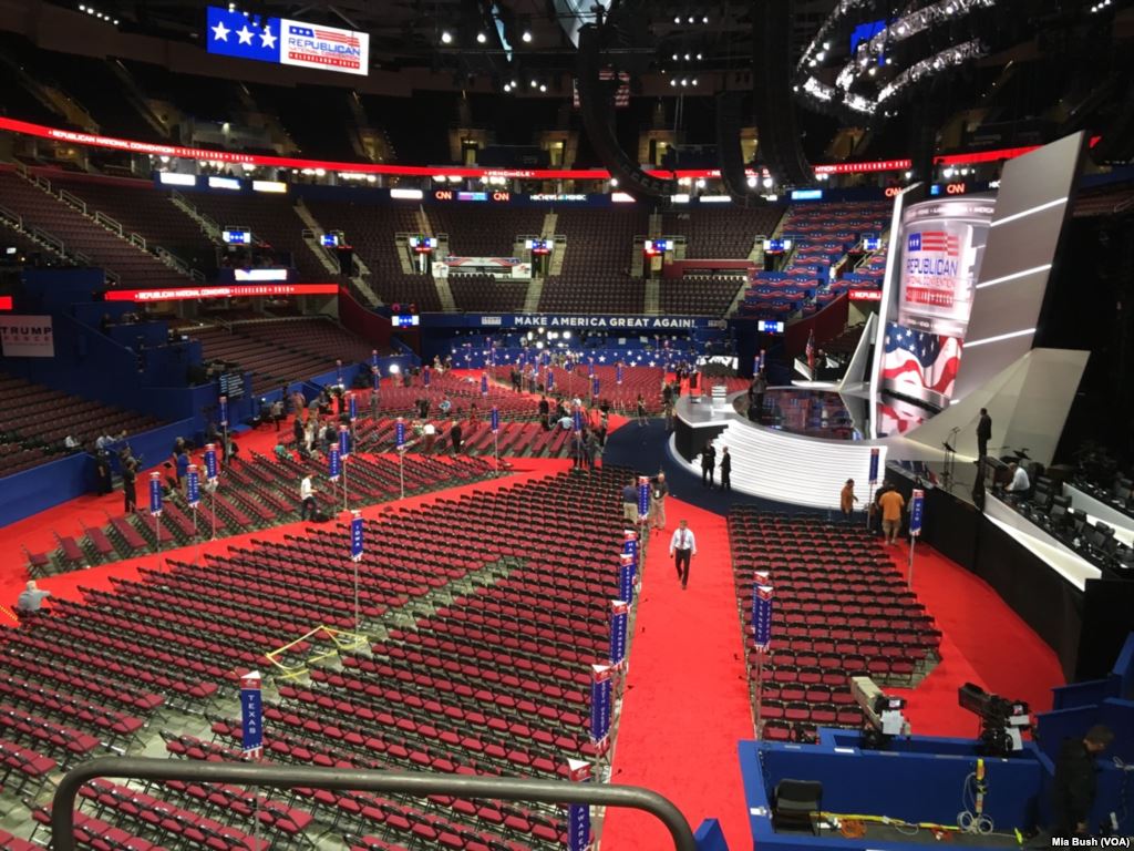 Workers finish last-minute preparations at the Quicken Loans Arena on Sunday the day before the start of the Republican National Convention