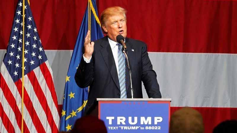 Republican U.S. presidential candidate Donald Trump addresses the crowd during a campaign stop at the Grand Park Events Center in Westfield Indiana