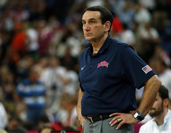 USA Men's National Basketball team coach Mike Krzyzewski during a game against Spain