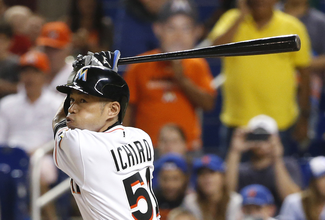 Miami Marlins Ichiro Suzuki bats during the eighth inning of a baseball game against the New York Mets Friday