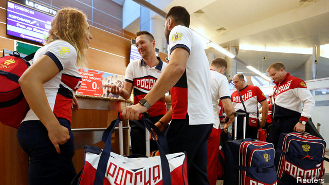 Russia's Olympic team members go through check-in before national team's departure to Rio 2016 Olympic Games at Sheremetyevo Airport outside Moscow