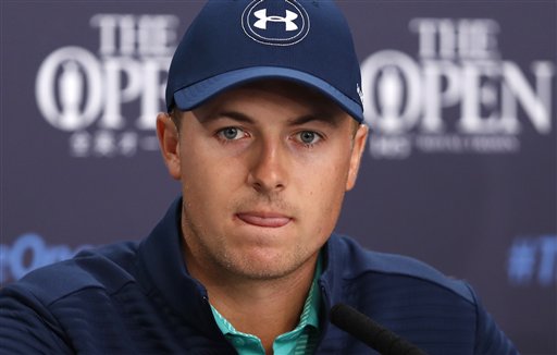 Jordan Spieth of the US speaks during a press conference ahead of the British Open Golf Championship at the Royal Troon Golf Club in Troon Scotland Tuesday