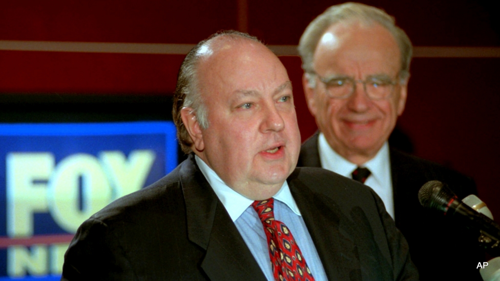 Roger Ailes left speaks at a news conference as Rupert Murdoch looks on after it was announced that Ailes will be chairman and CEO of Fox News. 21st Century Fox said Thursday