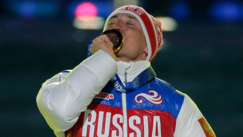 Russia's gold medal winner Alexander Legkov for the men's 50-kilometer cross-country race at the 2014 Winter Olympics