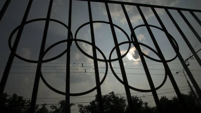 The Olympics rings are seen on a fence in front of the Russian Olympic Committee building in Moscow Russia Sunday