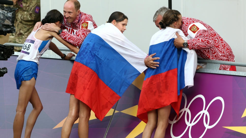 The fate of Russia's athletes for this summer's Olympics is cast further into doubt by a new setback. Here Russian coaches and athletes are seen at the 2012 Summer Olympics in London