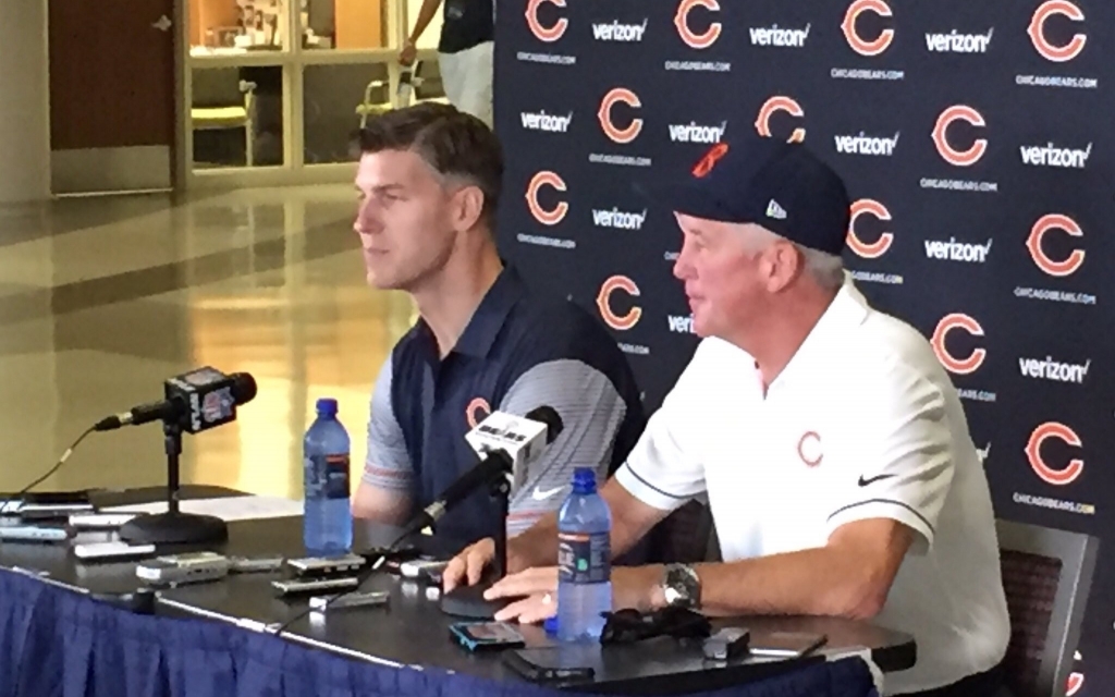 Ryan Pace and John Fox address the media during training camp report day press conference in Bourbonnais