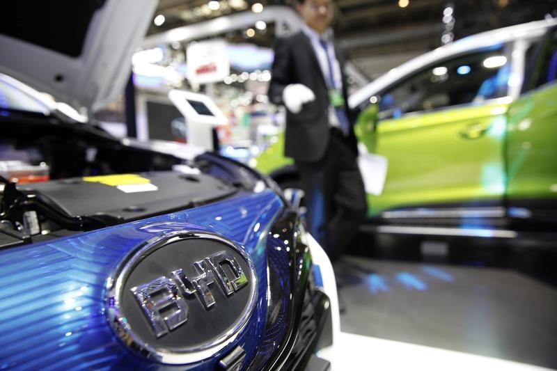 The logo of BYD is seen on a car presented at the Auto China 2016 auto show in Beijing China