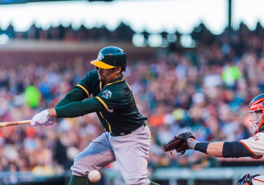 June 27,2016 Oakland Athletics center fielder Billy Burns fouls off a ball during the regular season inner league game between San Francisco Giants versus Oakland Athletics at AT&T Park in San Francisco CA