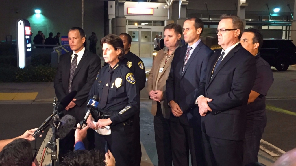 San Diego police officials address the media after two officers were shot one killed