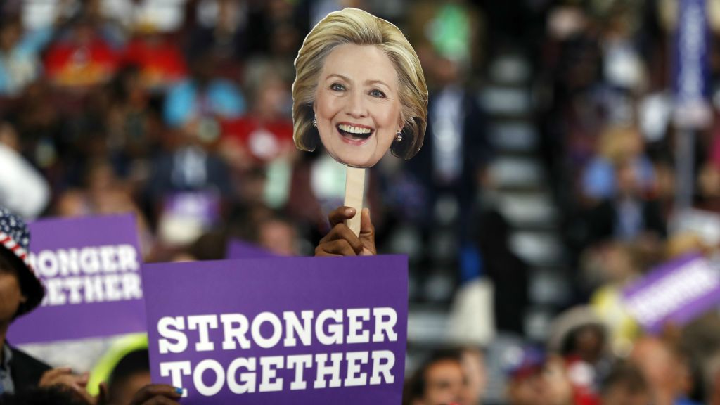 Delegates hold up signs to show their support for Democratic presidential candidate Hillary Clinton during the third day session of the Democratic National Convention in Philadelphia Wednesday