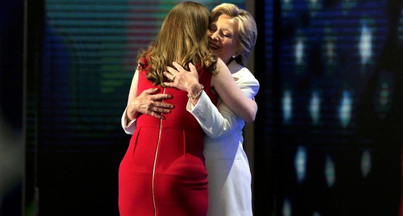 Democratic presidential nominee Hillary Clinton is greeted by daughter Chelsea Clinton as she arrives to accept the nomination on the fourth and final night at the Democratic National Convention in Philadelphia Pennsylvania