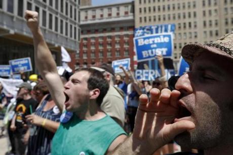 Supporters of Sen. Bernie Sanders I-Vt. yell during a rally in Philadelphia Tuesday