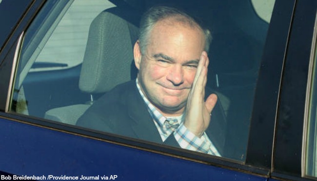 Virginia Senator Tim Kaine a leading contender to be Democratic presidential candidate Hillary Clinton's pick for vice president waves to the crowd before attending a private fundraiser event in Newport RI hosted by fellow Democratic Senator Jack