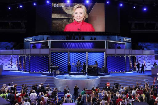 Democratic Presidential candidate Hillary Clinton appears on a large monitor to thank delegates during the second day of the Democratic National Convention in Philadelphia on Tuesday