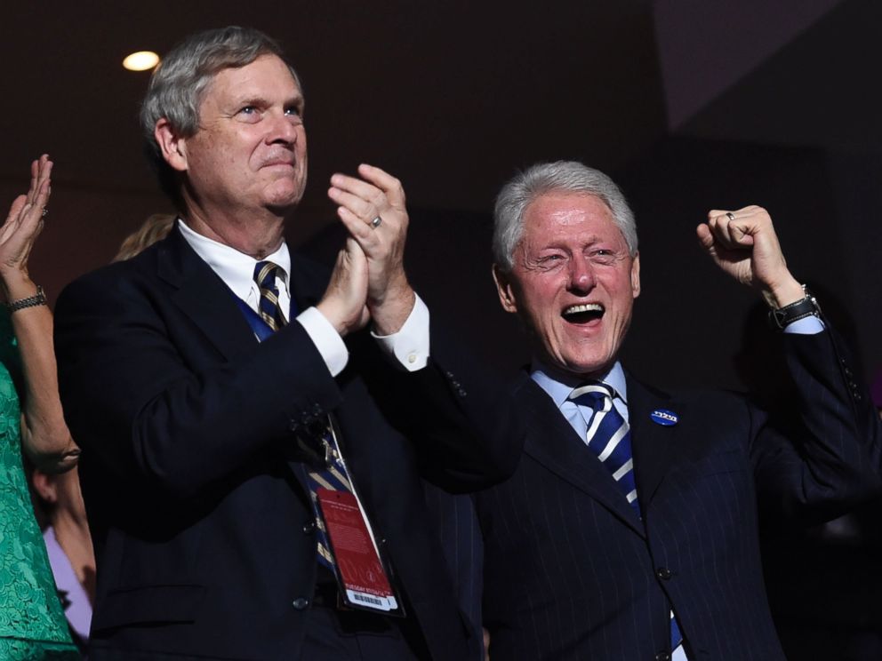 Bill Clinton cheers as former New York City mayor Michael Bloomberg addresses the crowd on the third evening of the Democratic National Convention at the Wells Fargo Center in Philadelphia Pennsylvania