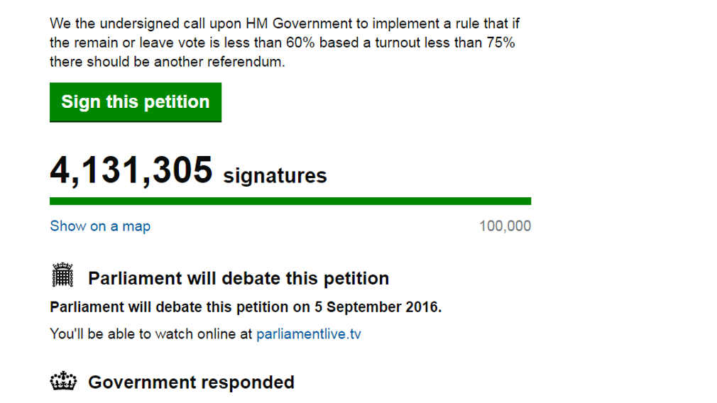 Screenshot of a petition calling on the UK government to hold a second EU referendum