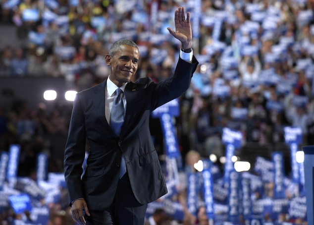 President Barack Obama waves to the crowd after speaking at the Democratic National Convention in Philadelphia Wednesday