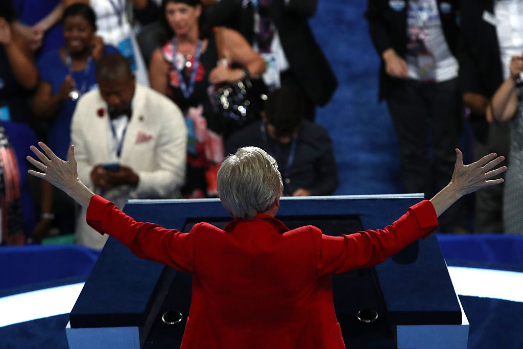 Sen. Elizabeth Warren delivers remarks on the first day of the Democratic National Convention at the Wells Fargo Center