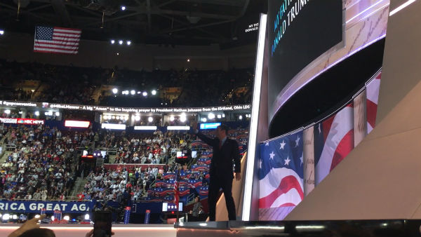 Sen. Ted Cruz R-Texas give a final wave before exiting the stage to booing at the Republican convention in Cleveland