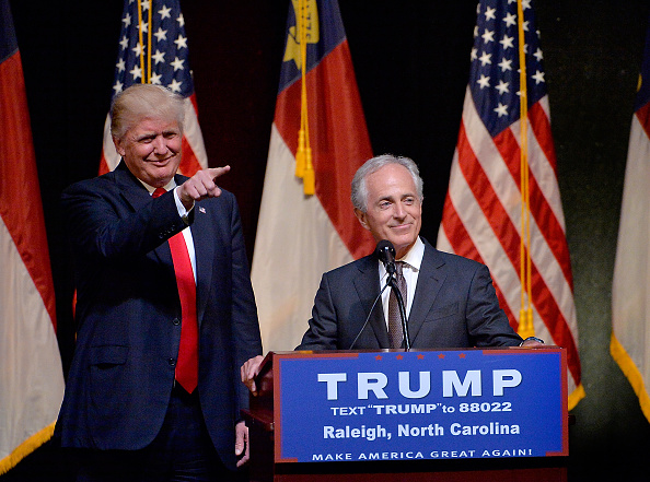 RALEIGH NC- JULY 5 Presumptive Republican presidential nominee Donald Trump stands next to Sen. Bob Corker during a campaign event at the Duke Energy Center for the Performing Arts