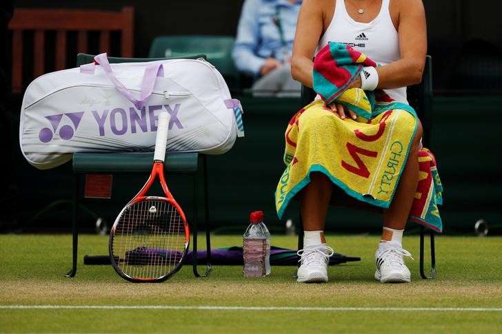 The gear of Germany's Angelique Kerber is seen on Court 2 during her match against Japan's Misaki Doi at the Wimbledon Tennis Championships in London Britain