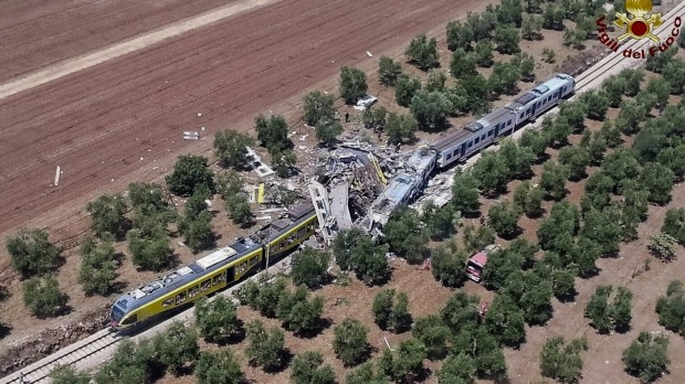 Several carriages were completely destroyed in the collision on a single-track line near Andria in the southern region