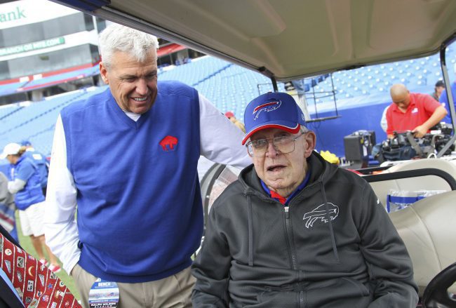 Buffalo Bills head coach Rex Ryan left visits with his father Buddy Ryan before an NFL football game against the Indianapolis Colts on Sunday Sept. 13 2015 in Orchard Park N.Y