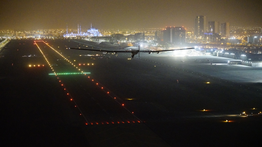 Solar Impulse 2 approaches to land in Abu Dhabi concluding its round-the-world solar-powered flight