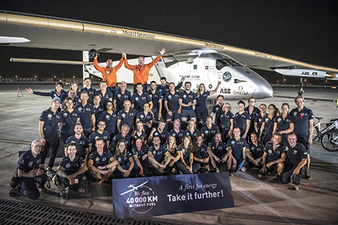 Solar Impulse 2 a solar-powered airplane shows Swiss pioneer Bertrand Piccardis and Andre Borschberg posing for