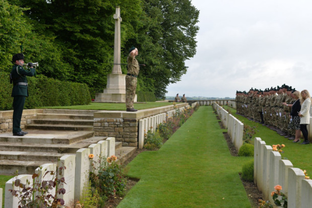 Soldiers of the Royal Irish Regiment take part in the Act of Remembrance this morning at Connaught Cemetery France beside the Ulster Tower