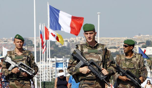 Soldiers patrols on the Promenade des Anglais in Nice southern France