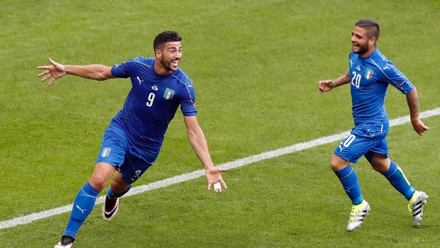 Italy's scorer Graziano Pelle left and his teammate Lorenzo Insigne right celebrate their side's second goal during the Euro 2016 round of 16 soccer match between Italy and Spain at the Stade de France in Saint-Denis north of Paris. |AP