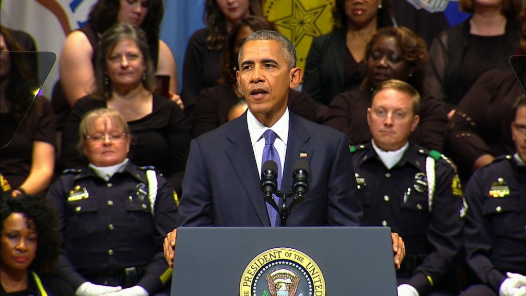 Speaking at the memorial service for five slain officers in Dallas U.S. President Barack Obama praised police for protecting and serving the people