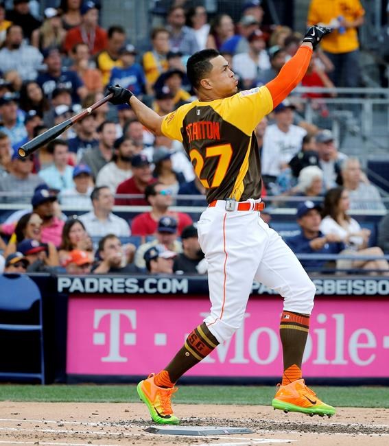 National League's Giancarlo Stanton of the Miami Marlins hits during the MLB baseball All Star Home Run Derby Monday