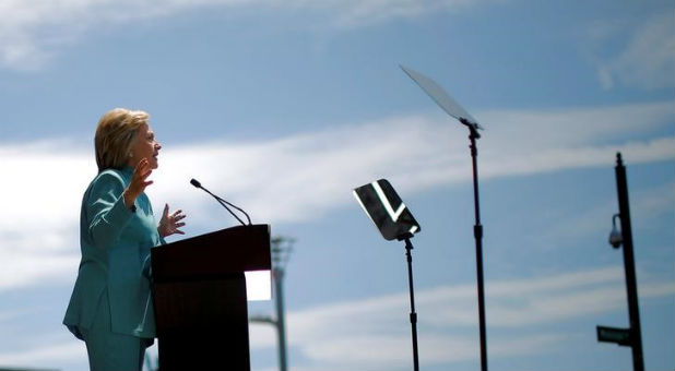 U.S. Democratic presidential presumptive nominee Hillary Clinton makes speech in front of Trump Plaza