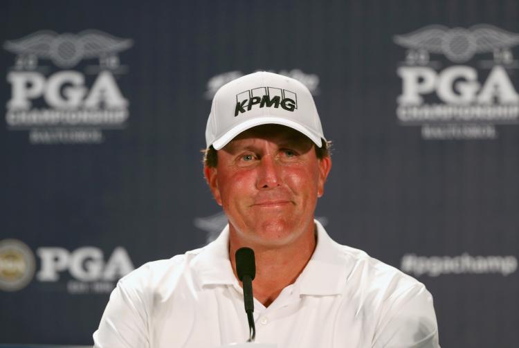 SPRINGFIELD NJ- JULY 26 Phil Mickelson of the United States is interviewed during a press conference after a practice round prior to the 2016 PGA Championship at Baltusrol Golf Club