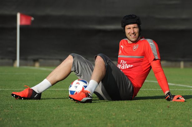 Petr Cech of Arsenal during a training session at San Jose State University