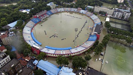 6 2016 shows the flooded Xinhua Road Sports Centre Stadium in Wuhan central China's Hubei province